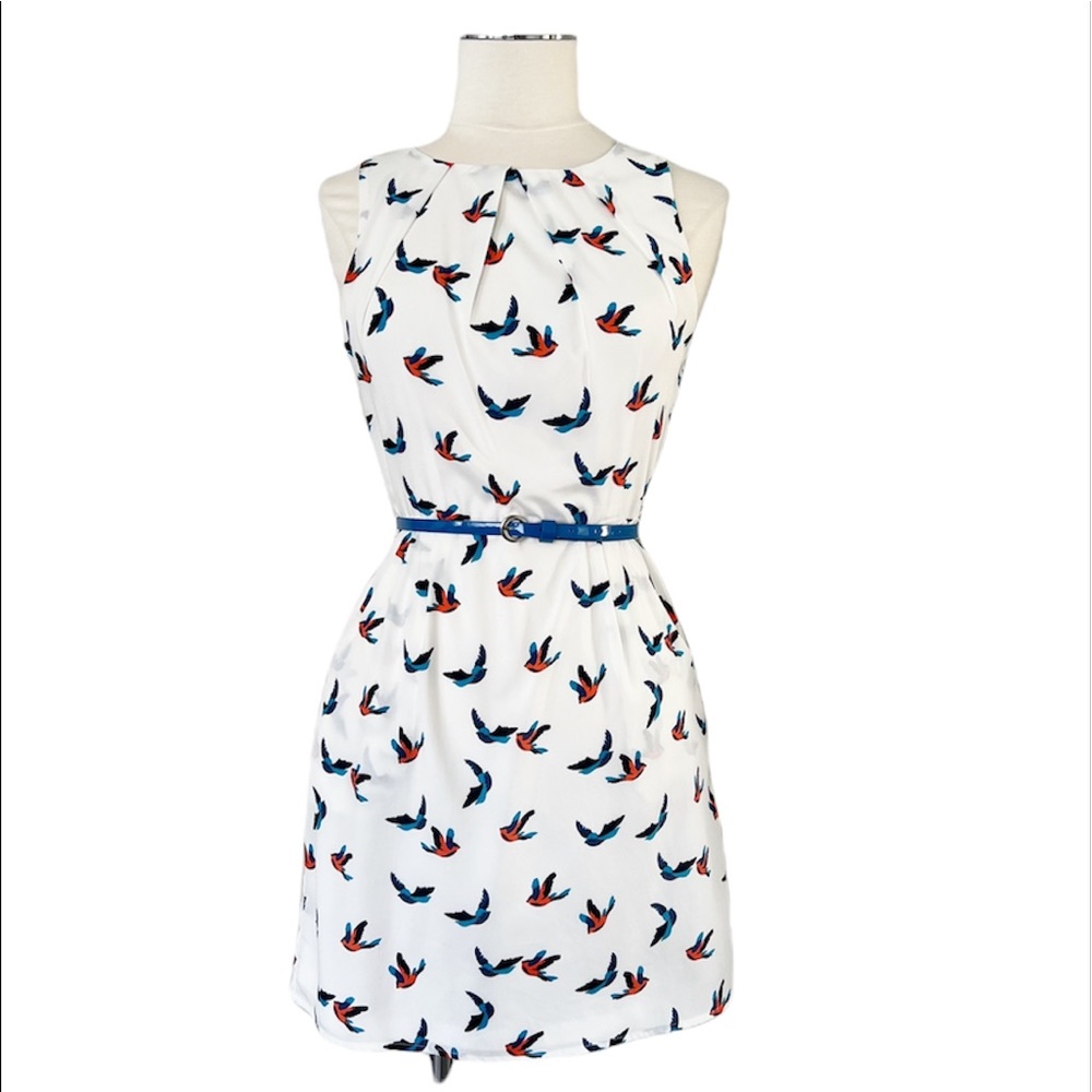 PINK OWL Bird Print Dress Sleeveless Pleated Neckline White Blue Orange Sz S